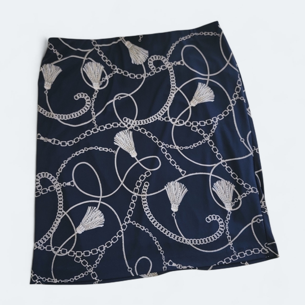 Nine West Navy Blue Skirt with White & Gold Chain and Tassel Print Size XL